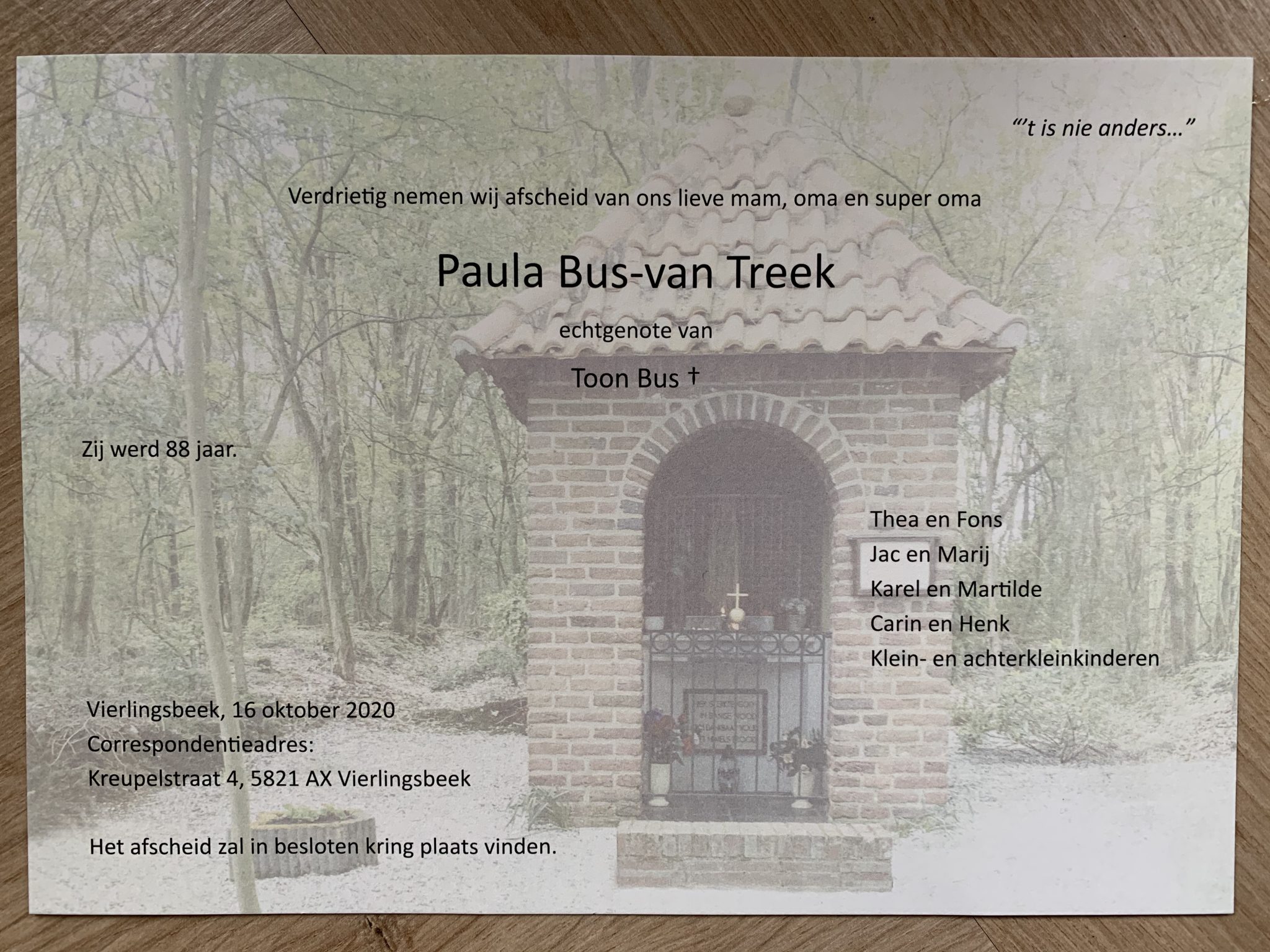 Paula Bus overleden KBO Vierlingsbeek Paula Bus overleden KBO Vierlingsbeek